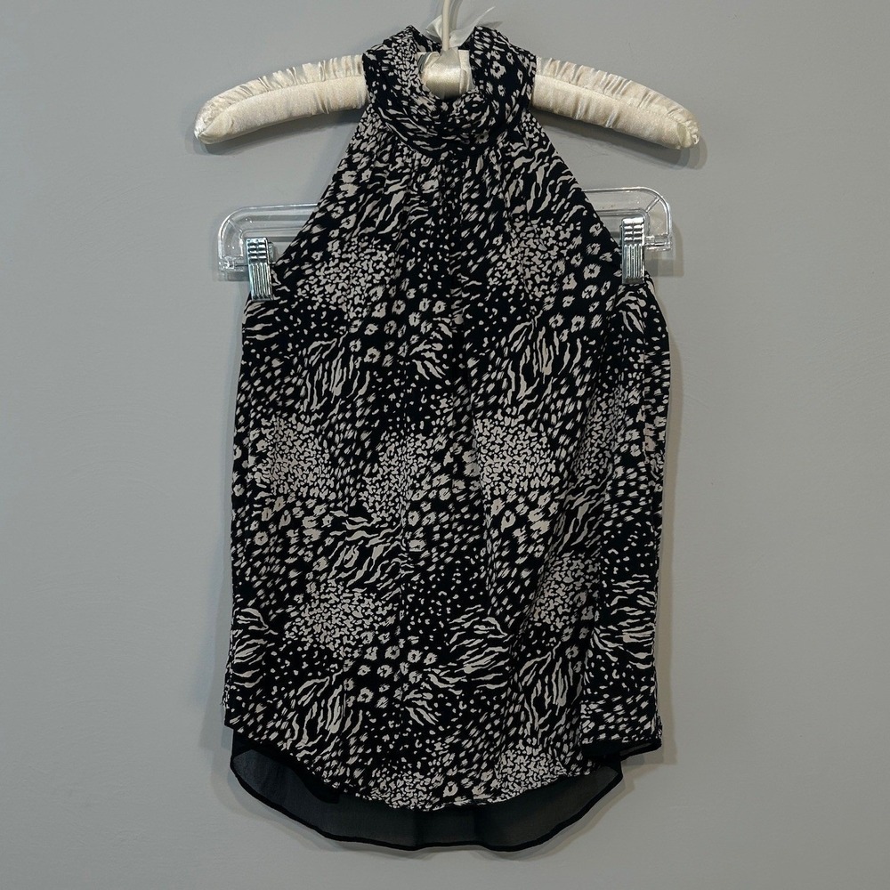 Tahari Halter Top Womens XS Black White Animal Print Mixed Media Blouse